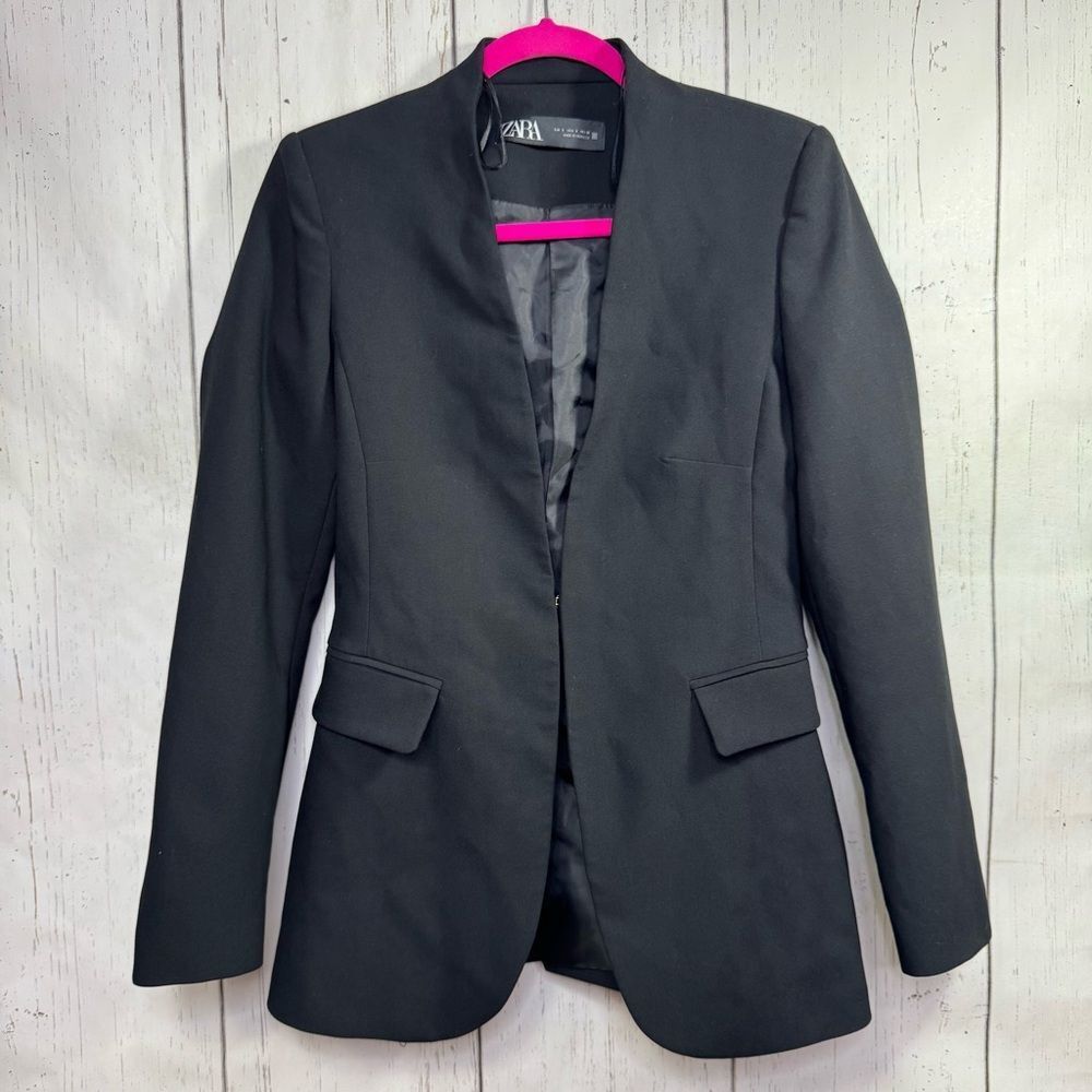 Zara Womens Black Open Front Fitted Blazer Modern Workwear Minimalist Officecore